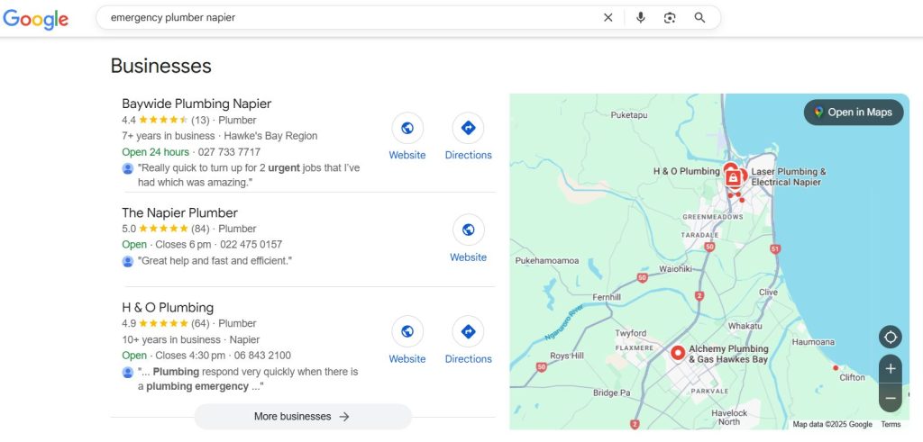 emergency plumber napier local seo map pack