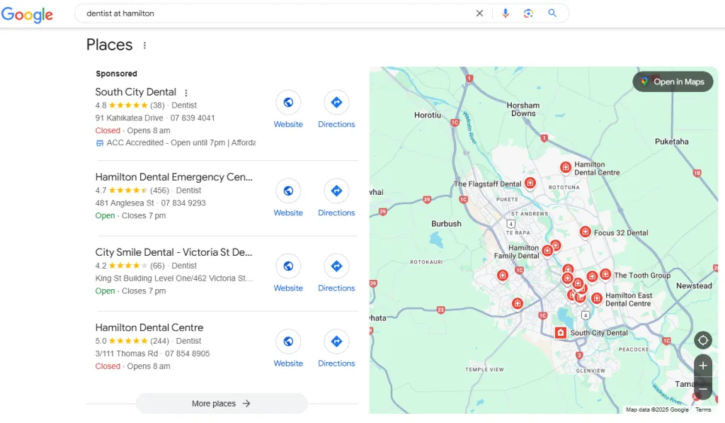 Google map pack for 'dentist at Hamilton' showing the top three dental practices and their Google review counts