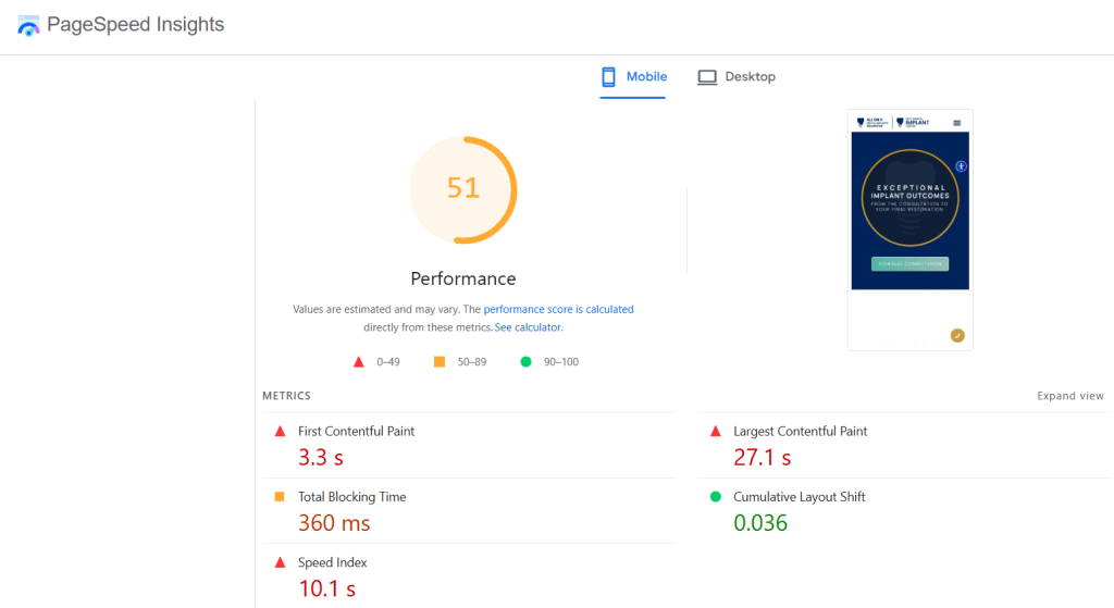Pagespeed SEO Audit Hutt Dental Implants