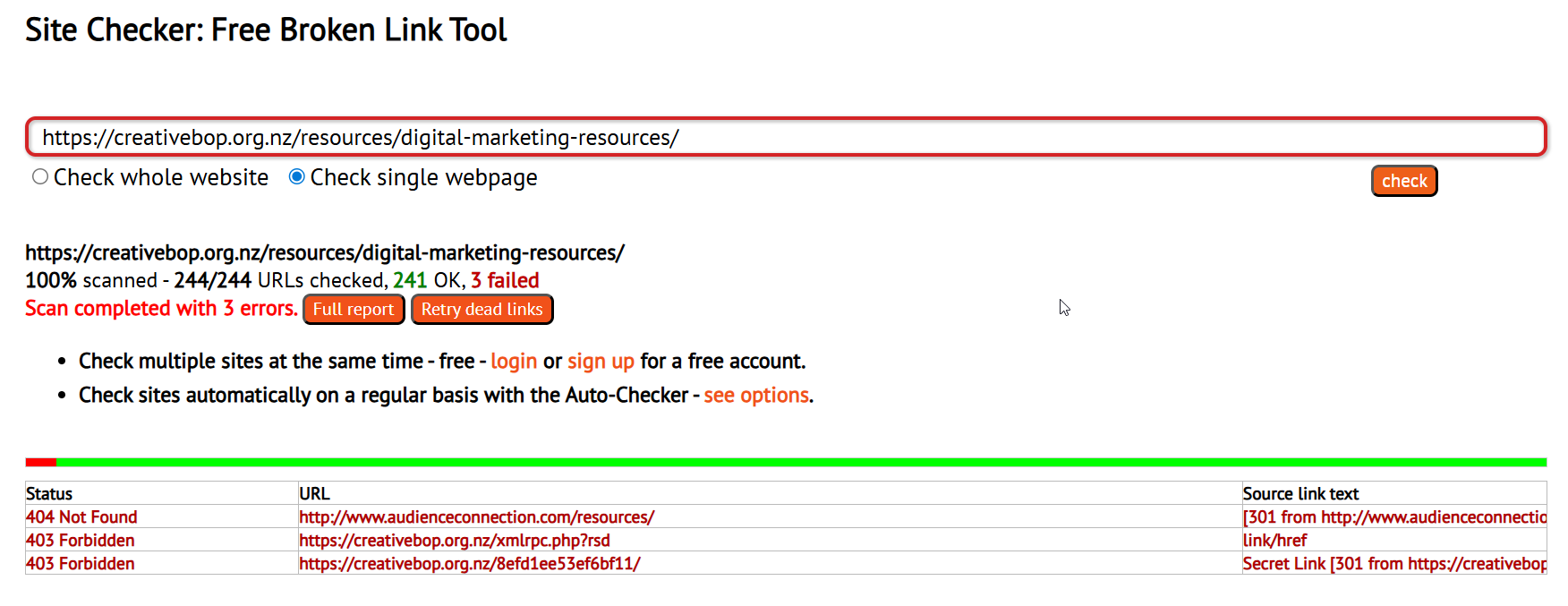 A live page with a broken outbound link highlighted in red by the free Check My Links Chrome extension.