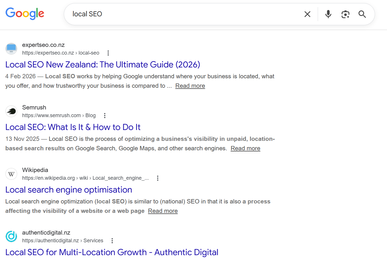 SERP analysis for a New Zealand keyword showing the competing pages' domain authority
