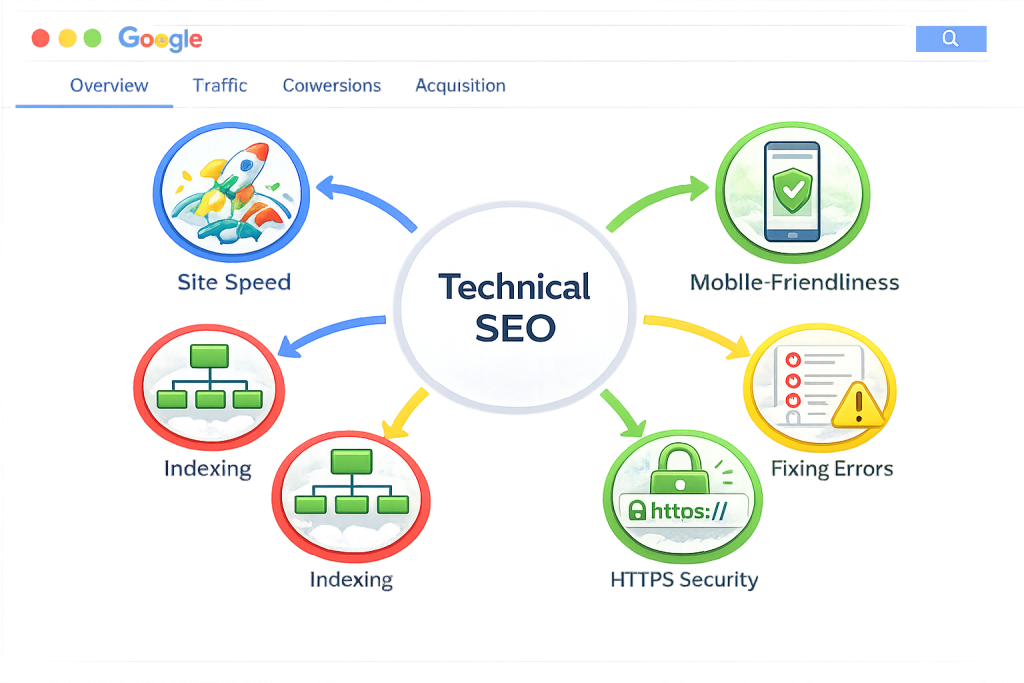 Technical SEO infographic in Google style