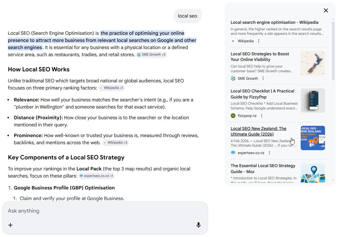 Google AI Mode citing expertseo.co.nz for the search local seo, alongside Wikipedia and Moz