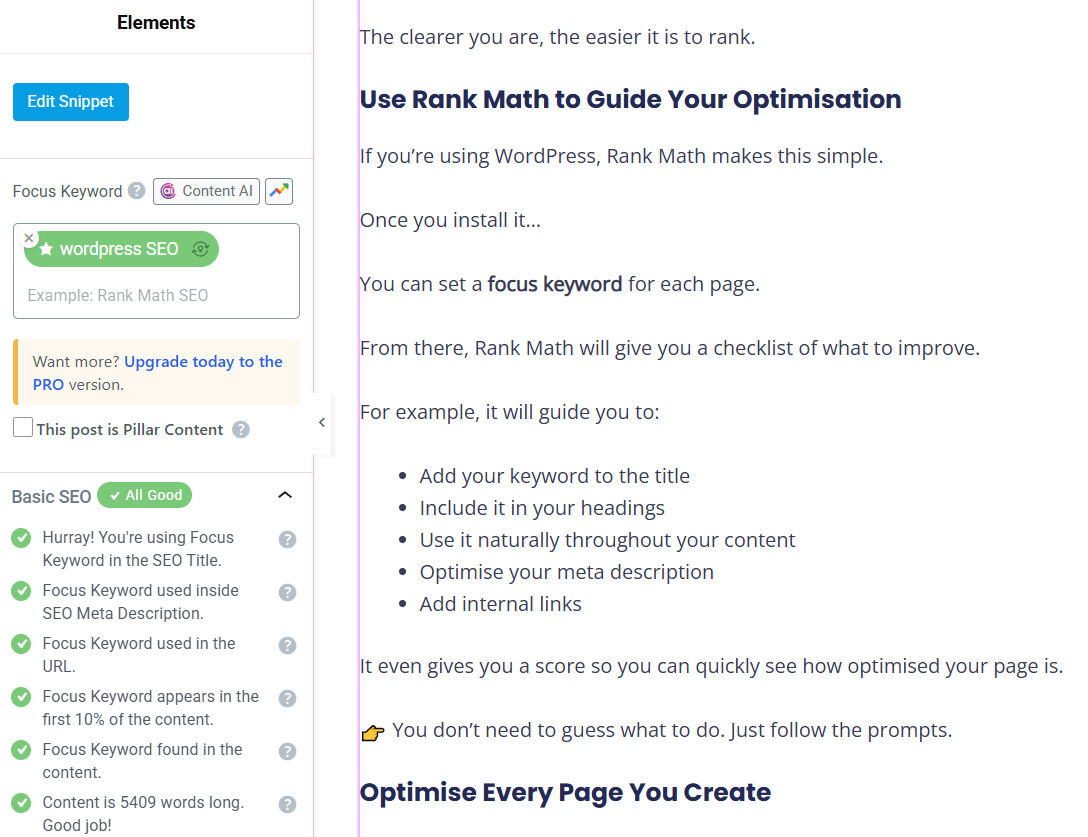 Rank Math grading an article's on-page SEO while editing in WordPress