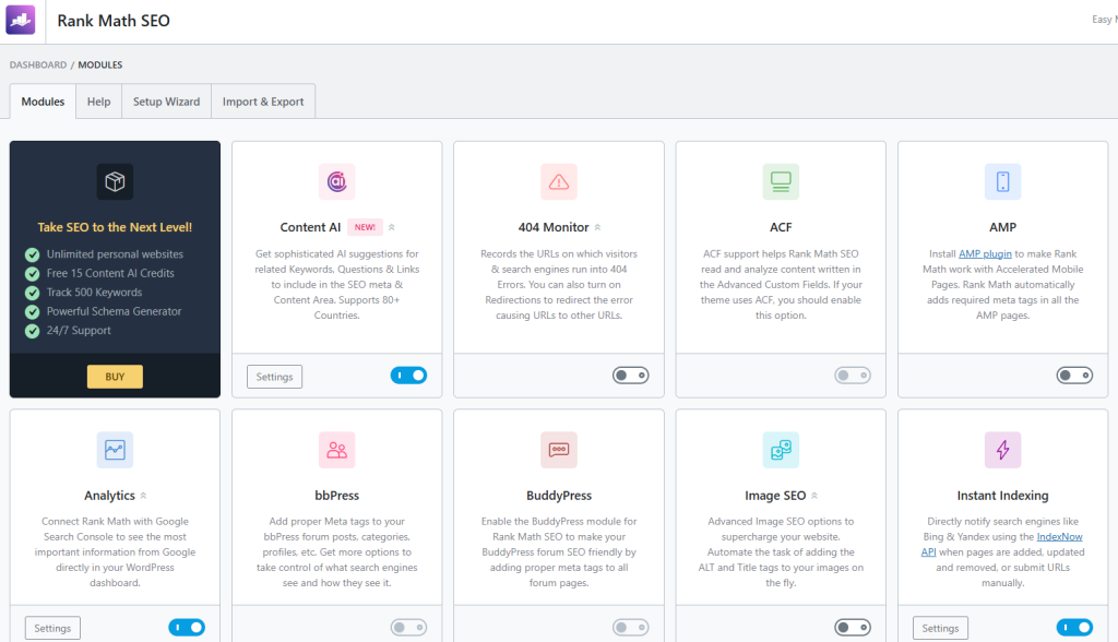 Rank Math SEO dashboard screenshot