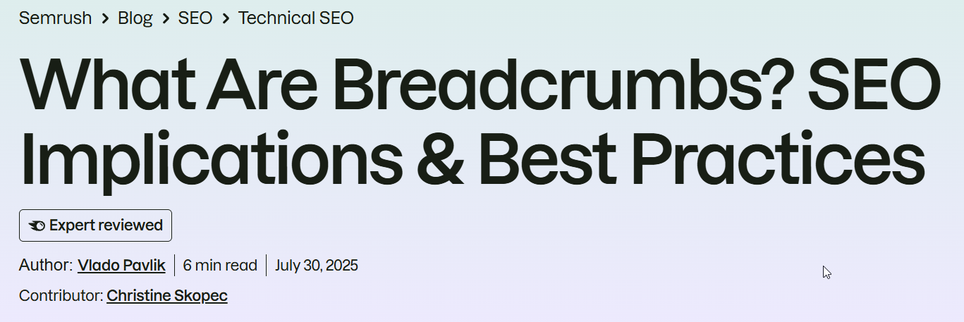 A live Semrush-owned article showing a breadcrumb trail sitting above the H1 heading