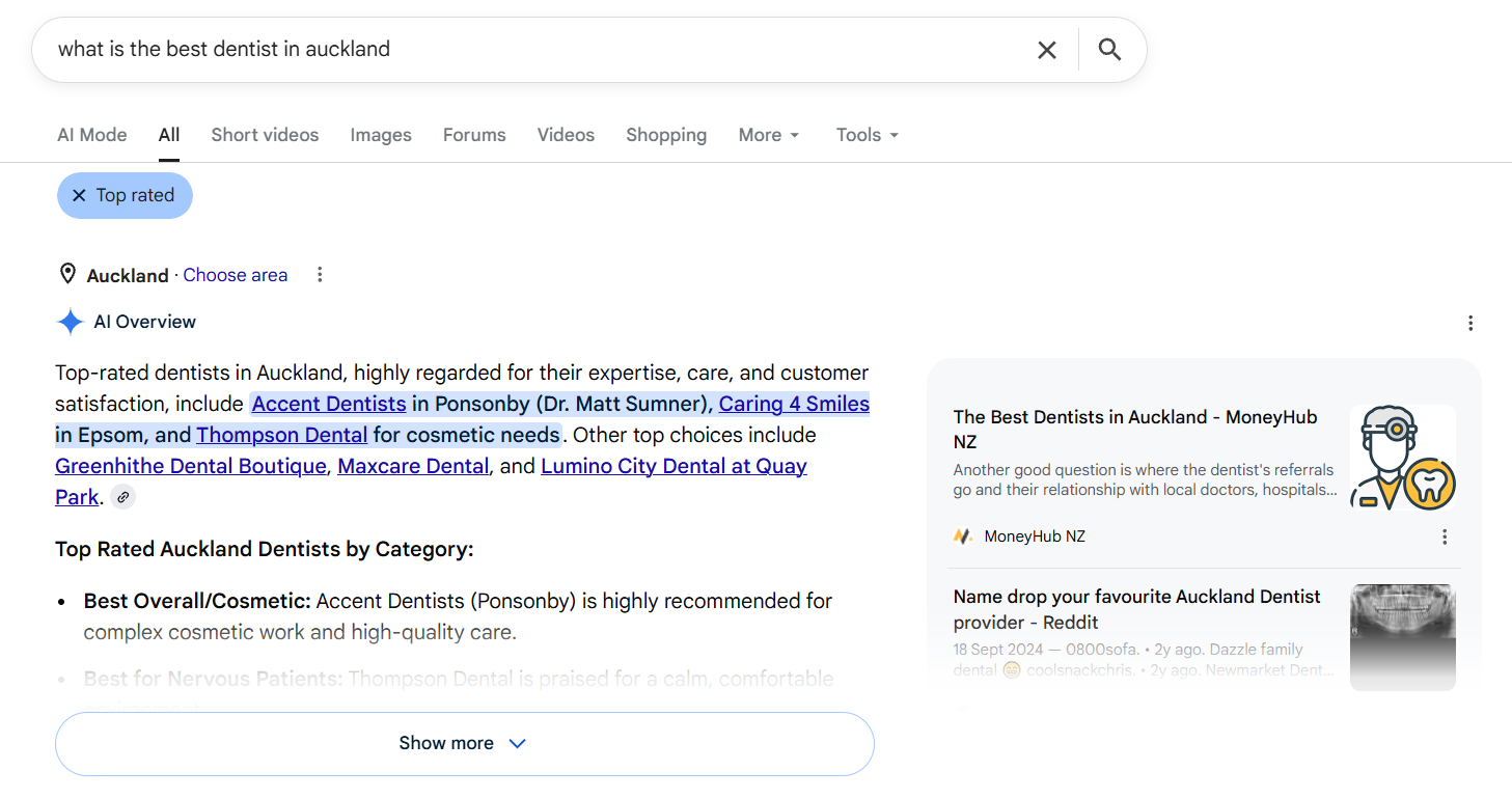 A local search showing a business in the Map Pack but no longer duplicated in the organic results below it