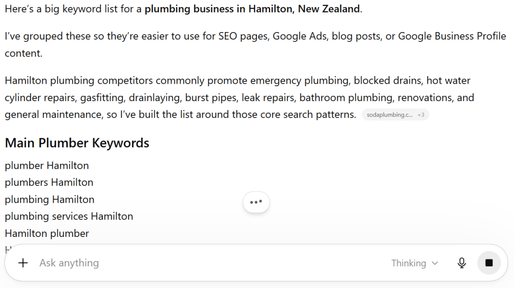 ChatGPT generating a local keyword list for a plumbing business in Hamilton New Zealand