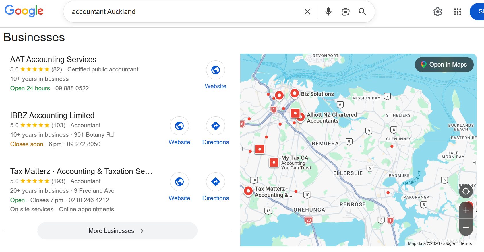 Google results for an accountant search showing service and listing pages, a commercial-intent SERP