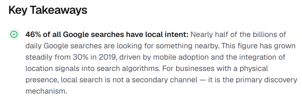 Local SEO statistic showing 46 percent of all Google searches have local intent