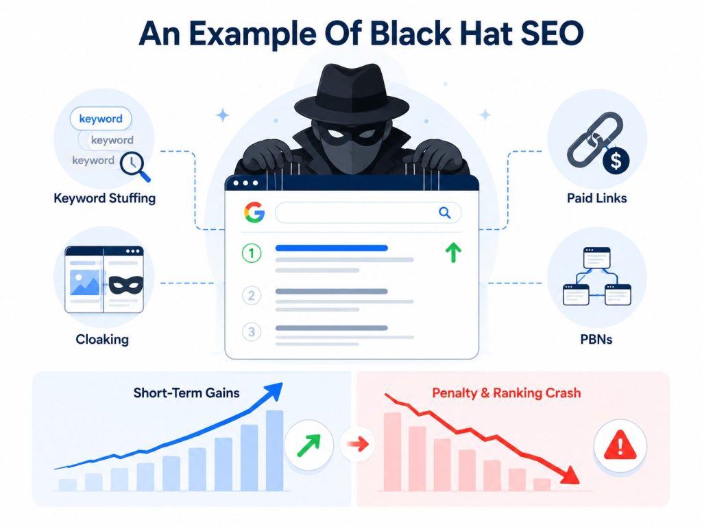 Illustration of black hat SEO showing a masked figure gaming Google rankings, with short-term gains followed by a penalty and ranking crash