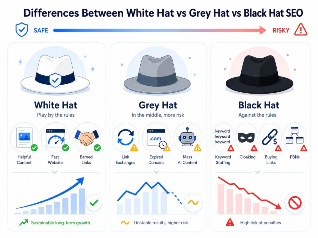 Comparison of white hat, grey hat and black hat SEO on a safe-to-risky scale, showing the techniques and likely outcomes of each