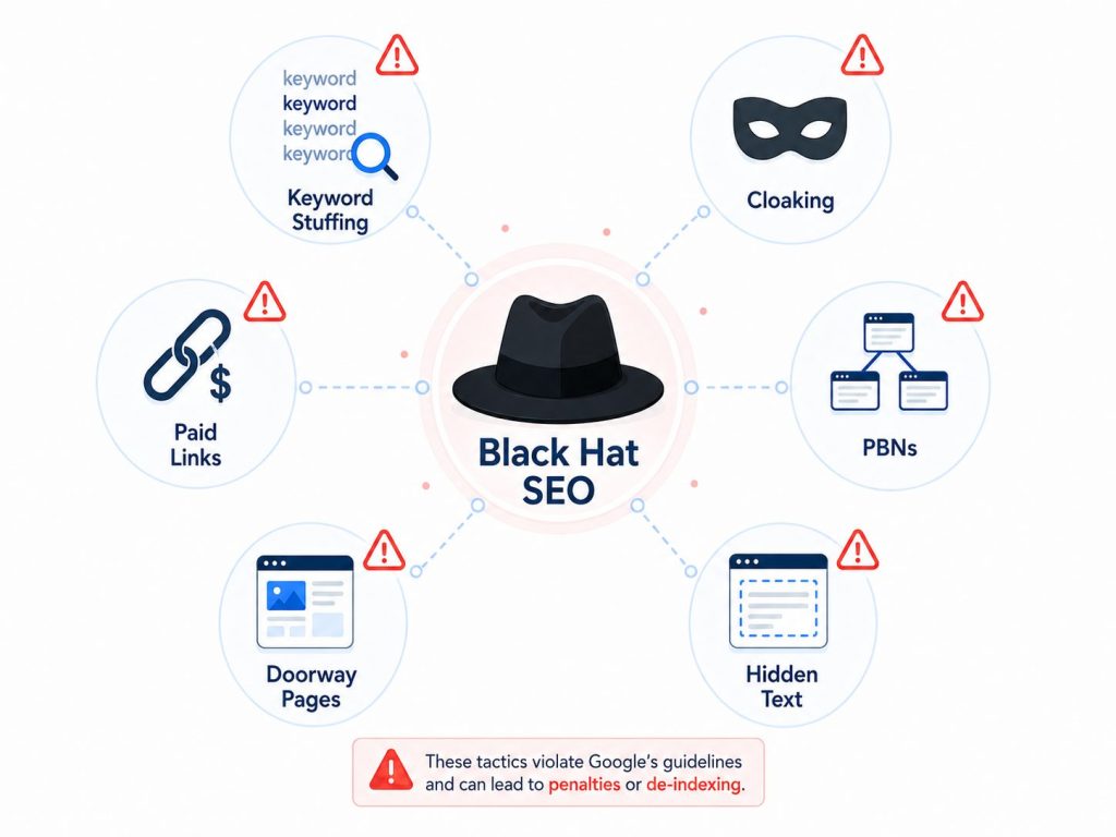 Diagram of common black hat SEO techniques including keyword stuffing, cloaking, PBNs, hidden text, doorway pages and paid links