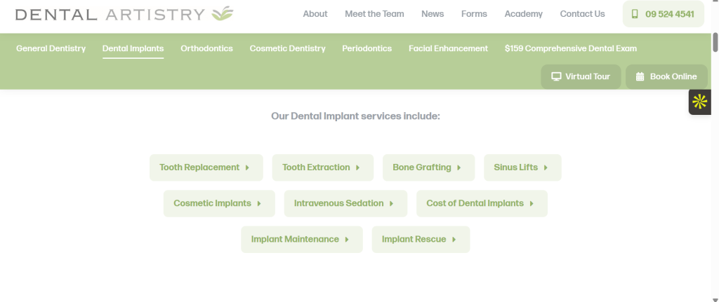 Dental Artistry dental implants page with dedicated sub-service pages for tooth replacement, bone grafting and cost of dental implants