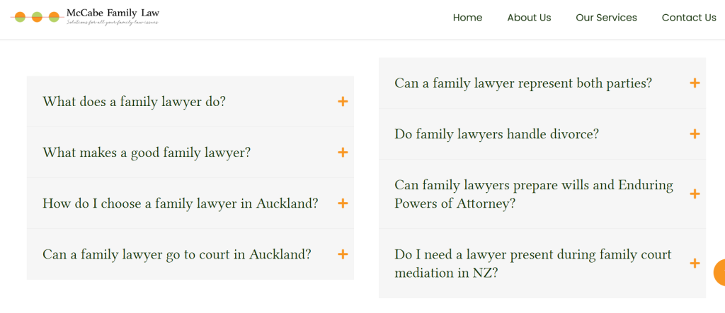 McCabe Family Law page answering common questions like what does a family lawyer do and how to choose a family lawyer in Auckland