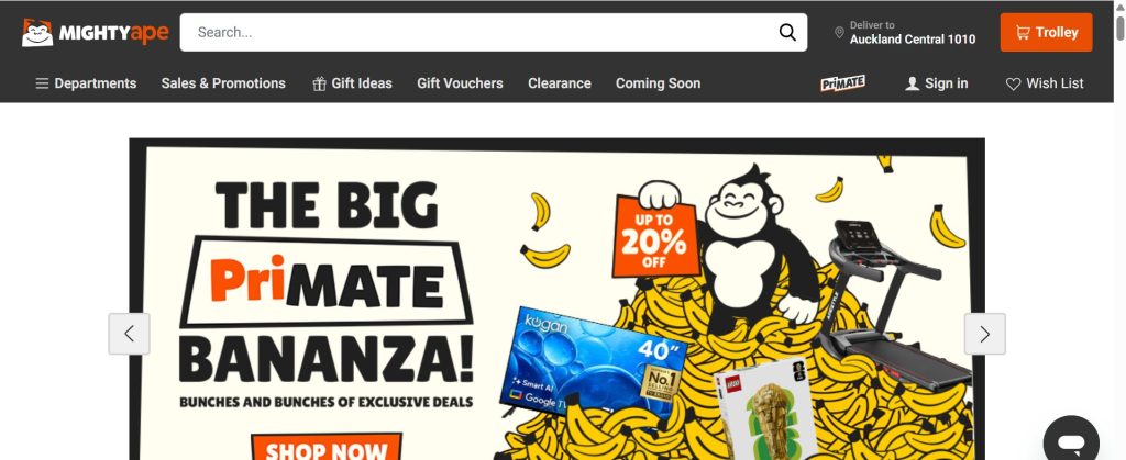Mighty Ape homepage, a New Zealand online retailer selling games, toys and electronics