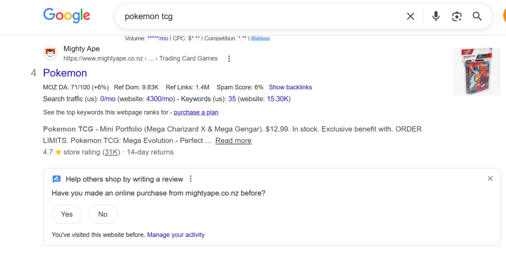 Mighty Ape ranking on Google for the search pokemon tcg through its product category page