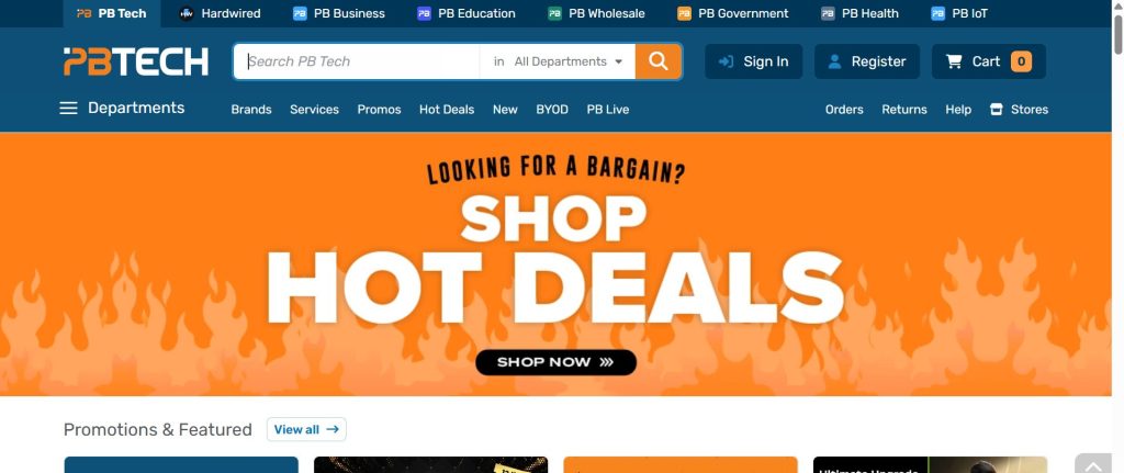 PB Tech homepage, New Zealand's largest tech retailer, showing its product departments and divisions
