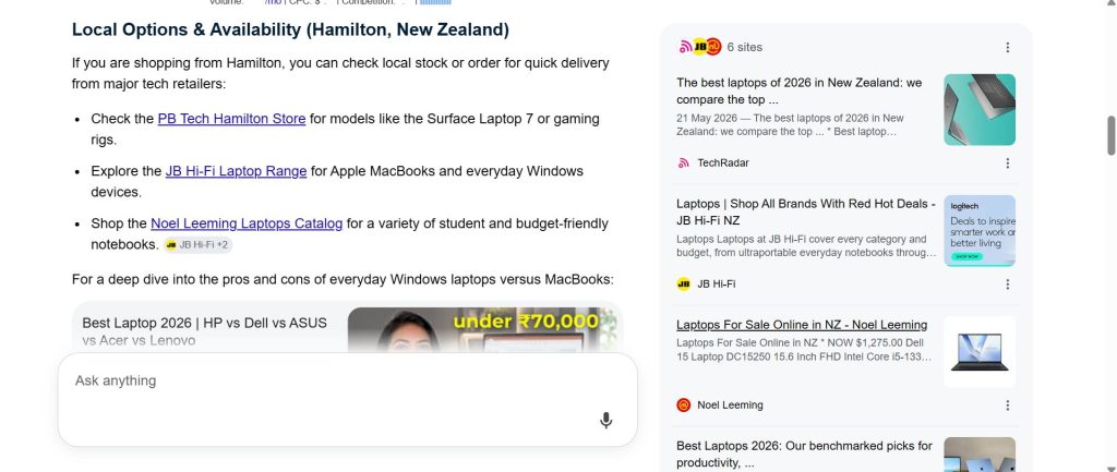 Google AI Overview for laptops in Hamilton citing PB Tech, JB Hi-Fi and Noel Leeming as sources