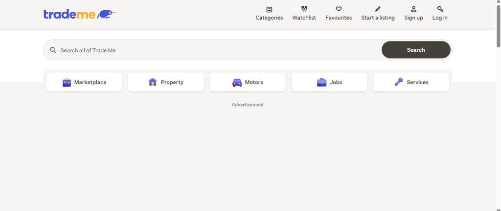 Trade Me homepage showing its Marketplace, Property, Motors, Jobs and Services verticals