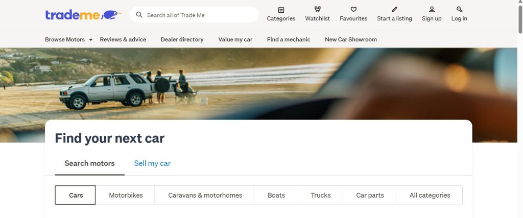 Trade Me Motors page for finding a car, one of Trade Me's separately optimised verticals