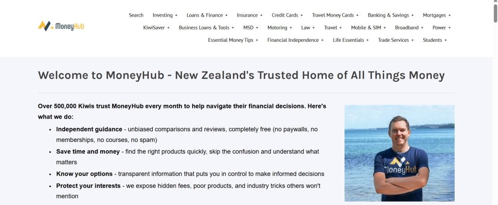 MoneyHub homepage, a New Zealand personal finance site covering KiwiSaver, insurance and banking