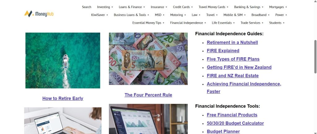 MoneyHub financial independence content hub showing in-depth guides on retirement and FIRE in NZ