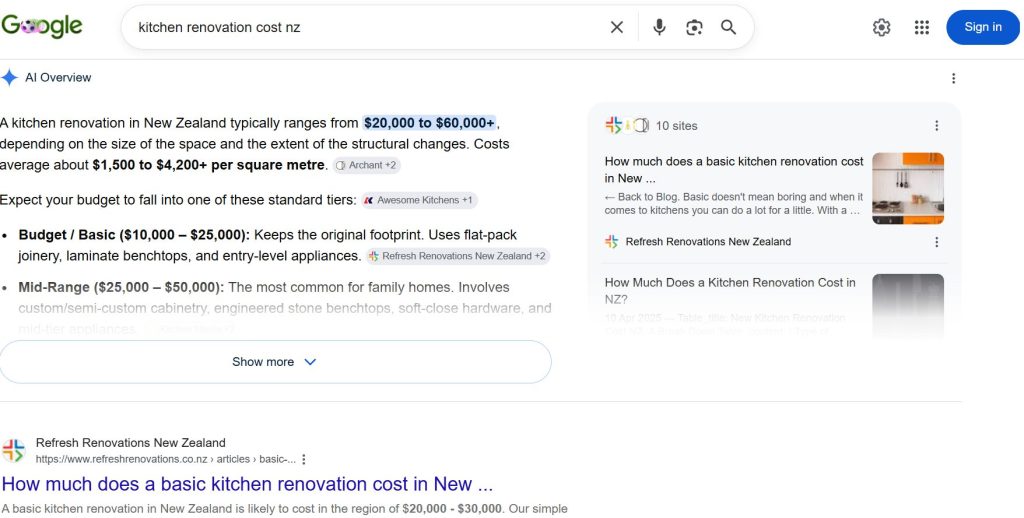 Google AI Overview for 'kitchen renovation cost nz' pulling from multiple New Zealand renovation sources