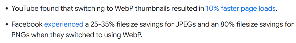 web.dev data showing YouTube got 10% faster page loads and Facebook 25–35% smaller JPEGs after switching to WebP