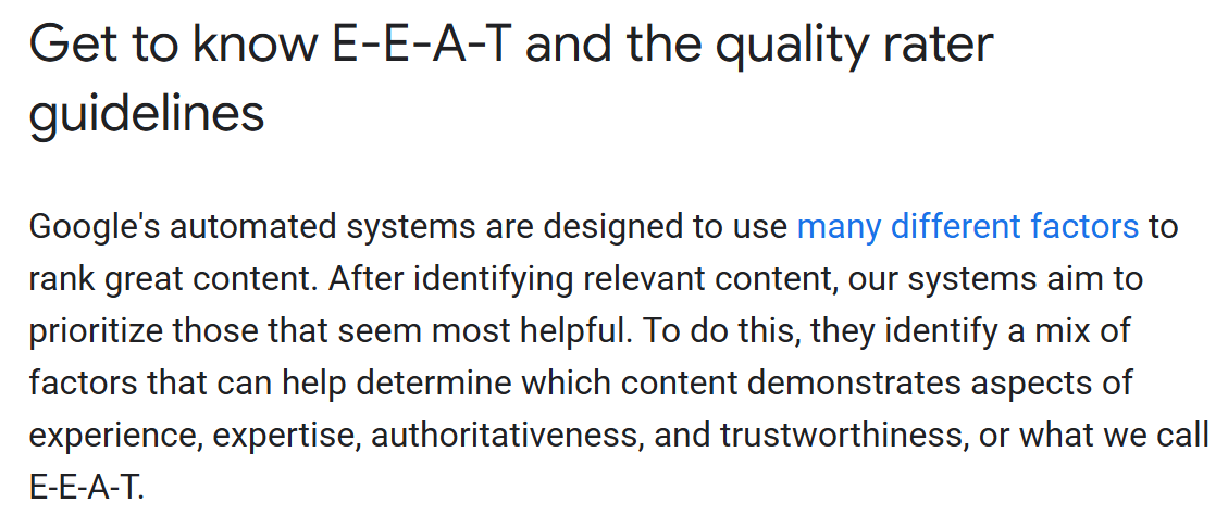 Google documentation explaining E-E-A-T: experience, expertise, authoritativeness and trustworthiness