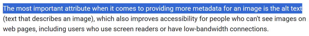 Google documentation stating alt text is the most important attribute for describing an image