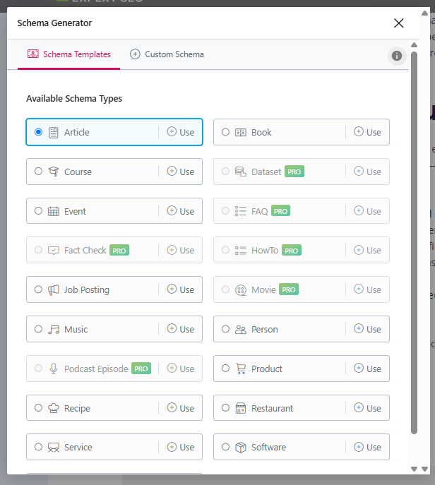 Rank Math schema generator in WordPress listing selectable schema types including Article, Product, Event, Recipe and Service.