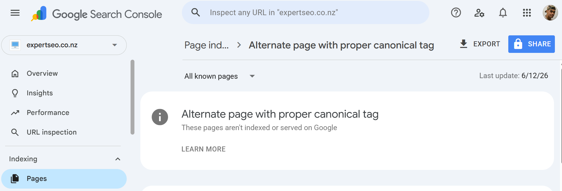 Google Search Console Pages report showing pages marked as not indexed or served on Google