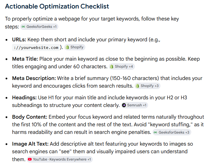 Google AI Overview for keyword optimisation listing on-page elements: URL slug, title tags, header tags, body text and image alt text