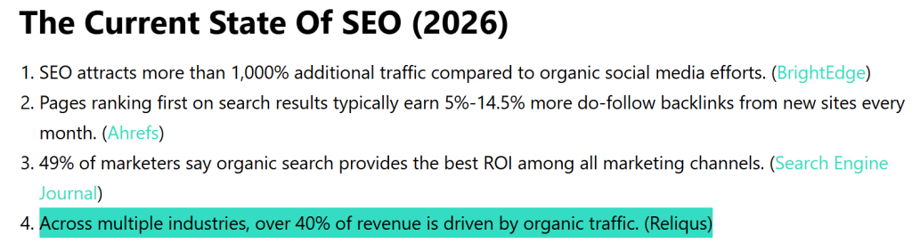 2026 SEO statistic showing over 40% of revenue across industries is driven by organic traffic