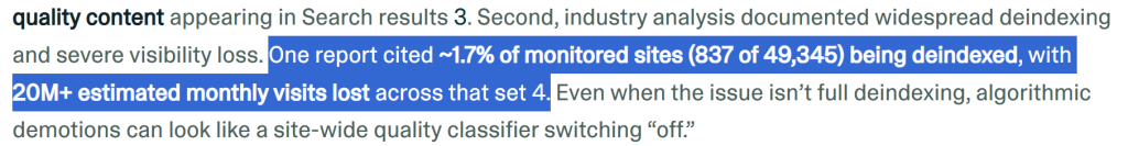Industry report showing around 1.7% of monitored sites were deindexed after a Google spam update, with 20 million-plus monthly visits lost