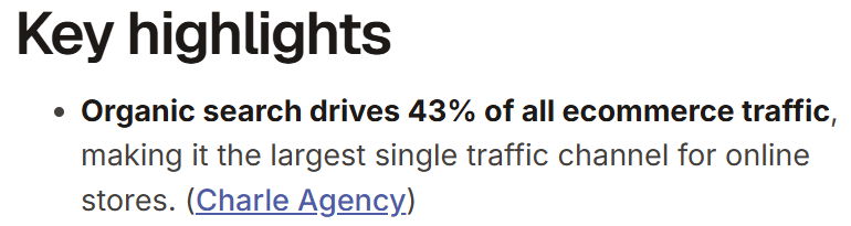 Statistic showing organic search drives 43% of all ecommerce traffic, the largest single channel for online stores