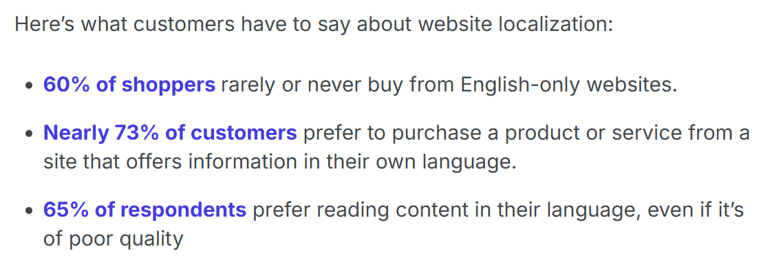 Website localization statistics showing 60% of shoppers rarely buy from English-only sites and 73% prefer to purchase from a site in their own language