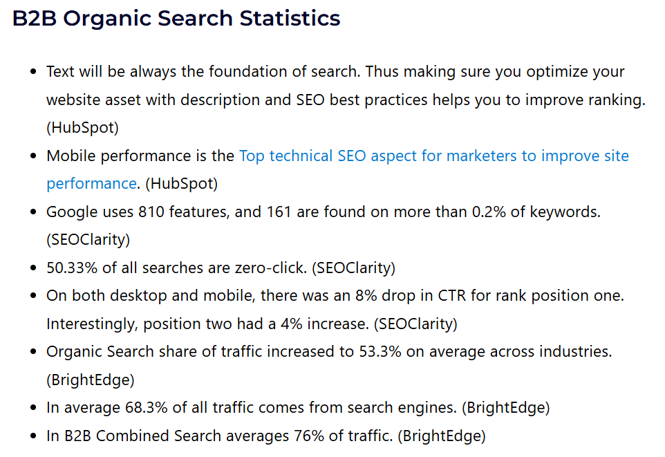 B2B statistics showing organic search drives 76% of combined B2B traffic