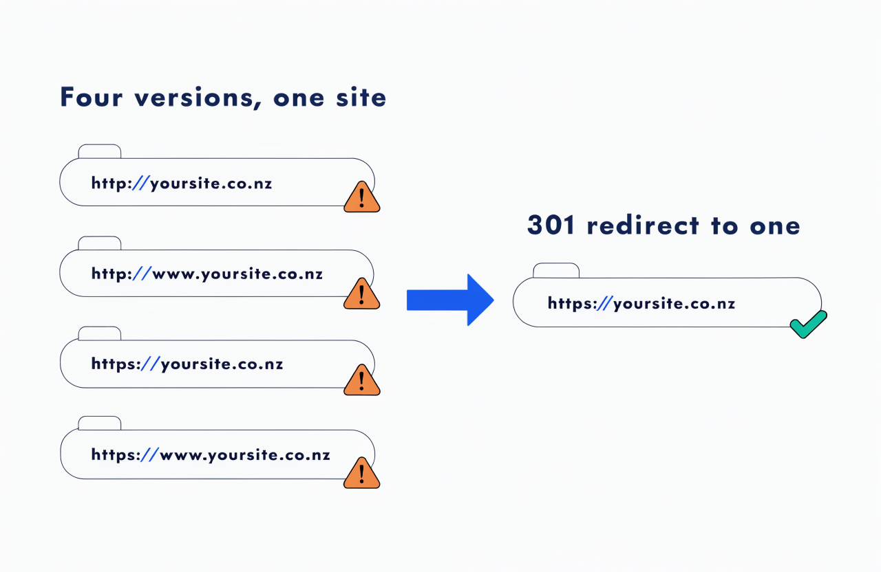 Diagram showing a homepage loading at four URL versions consolidated into one canonical address with a 301 redirect