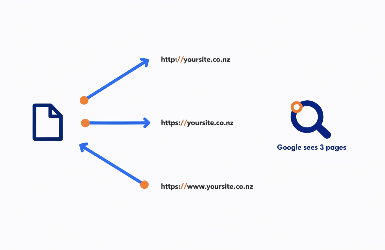 Diagram showing one page served at three different URLs, which Google counts as three duplicate pages