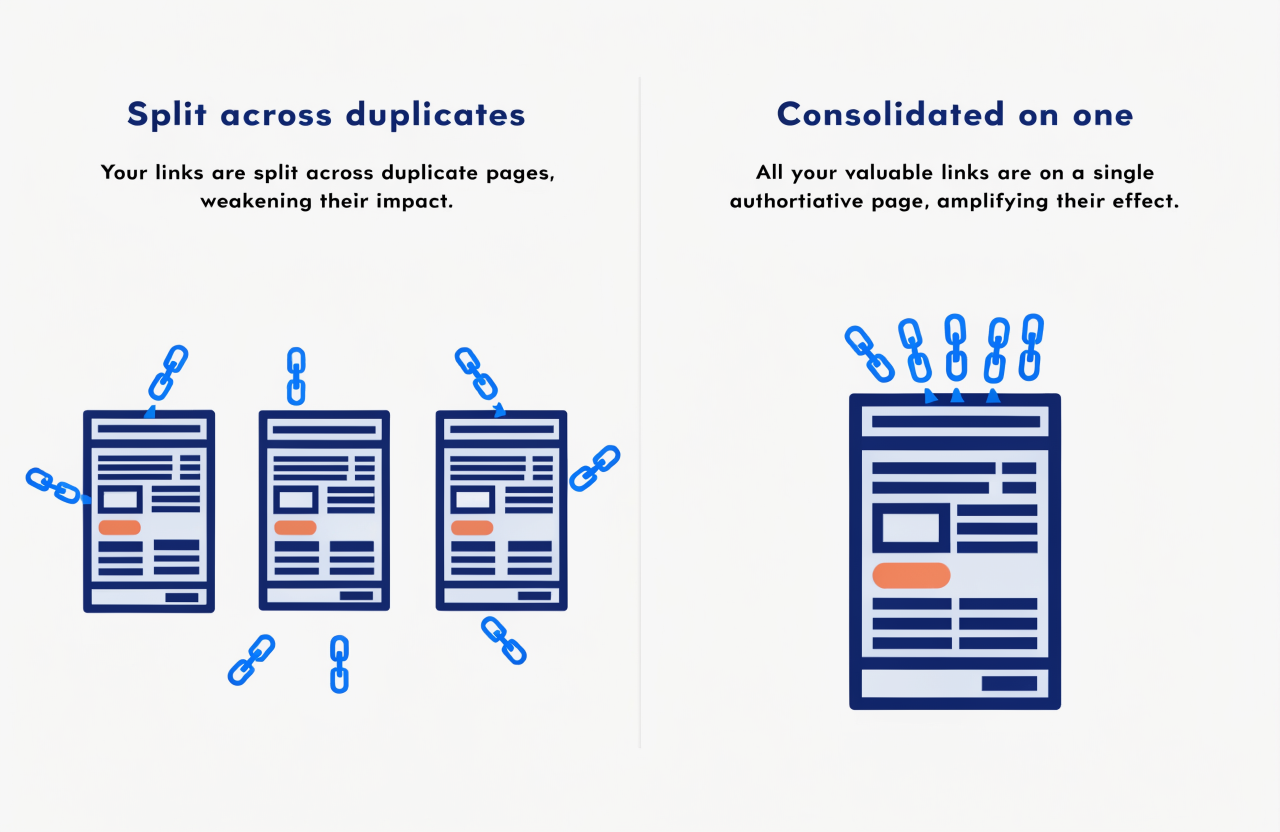 Diagram showing backlinks split across three duplicate URLs versus consolidated on one, illustrating diluted versus concentrated link authority