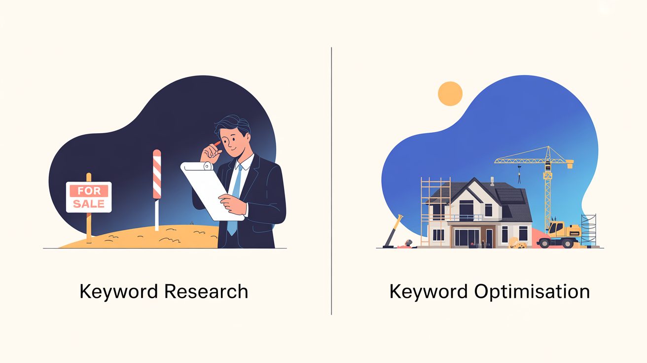 Illustration comparing keyword research to choosing a section of land and keyword optimisation to building the house on it