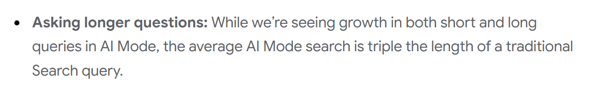 Google blog data showing the average AI Mode search is three times longer than a traditional Google search
