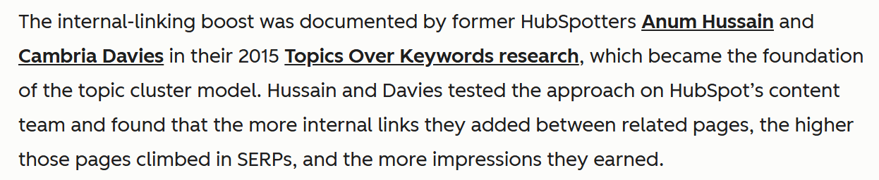 HubSpot's 2015 Topics Over Keywords research by Anum Hussain and Cambria Davies, finding that the more internal links they added between related pages, the higher those pages climbed in search results and the more impressions they earned