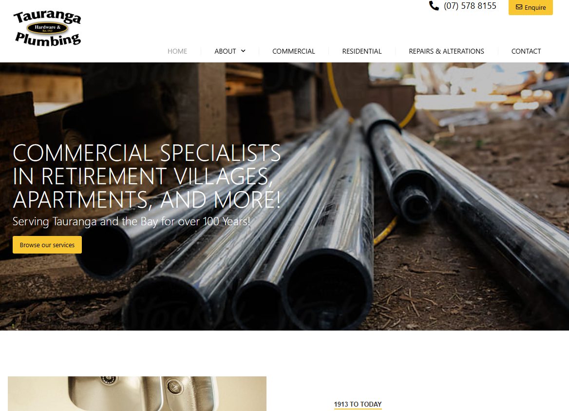 The Tauranga Hardware & Plumbing website homepage, a real example of a New Zealand plumbing business page that can be optimised to rank for 'plumber Tauranga'