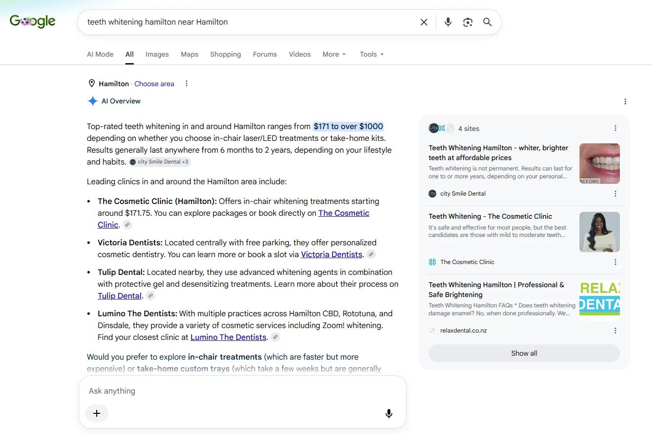 Google New Zealand search for 'teeth whitening Hamilton' showing an AI Overview listing local clinics and prices from around $171, signalling local commercial search intent