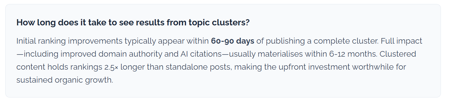 Guidance that topic clusters show initial ranking improvements within 60 to 90 days, full impact within 6 to 12 months, and hold rankings 2.5 times longer than standalone posts