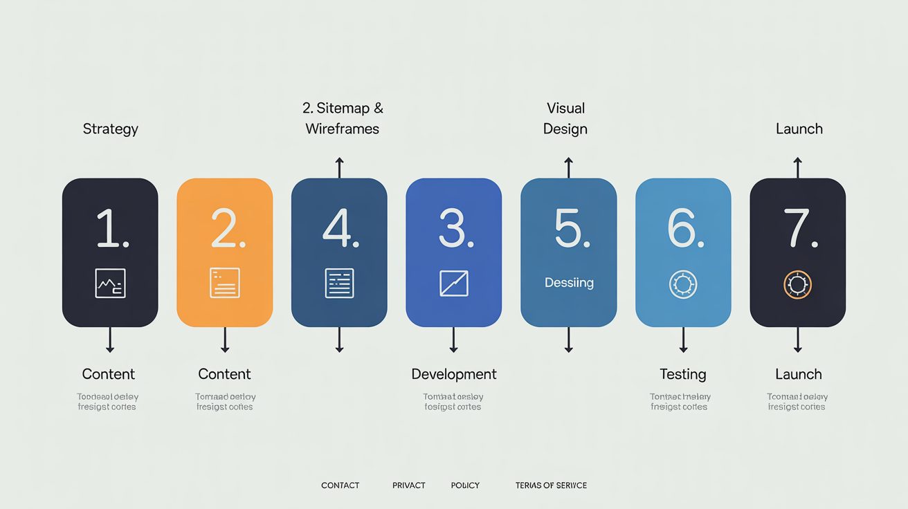 The website design process as a seven-stage flow: strategy, sitemap and wireframes, content, visual design, development, testing, launch