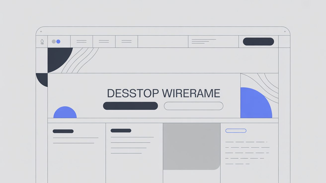 Low-fidelity website wireframe showing layout blocks for headings, buttons, images and navigation